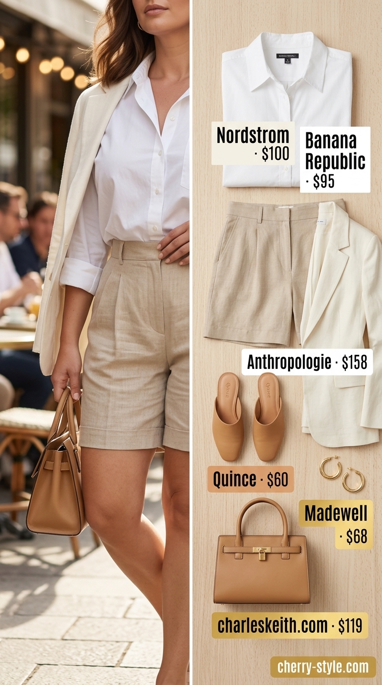 Confident midsize outfits summer 2026: White shirt, beige shorts, and blazer for elevated brunch.
