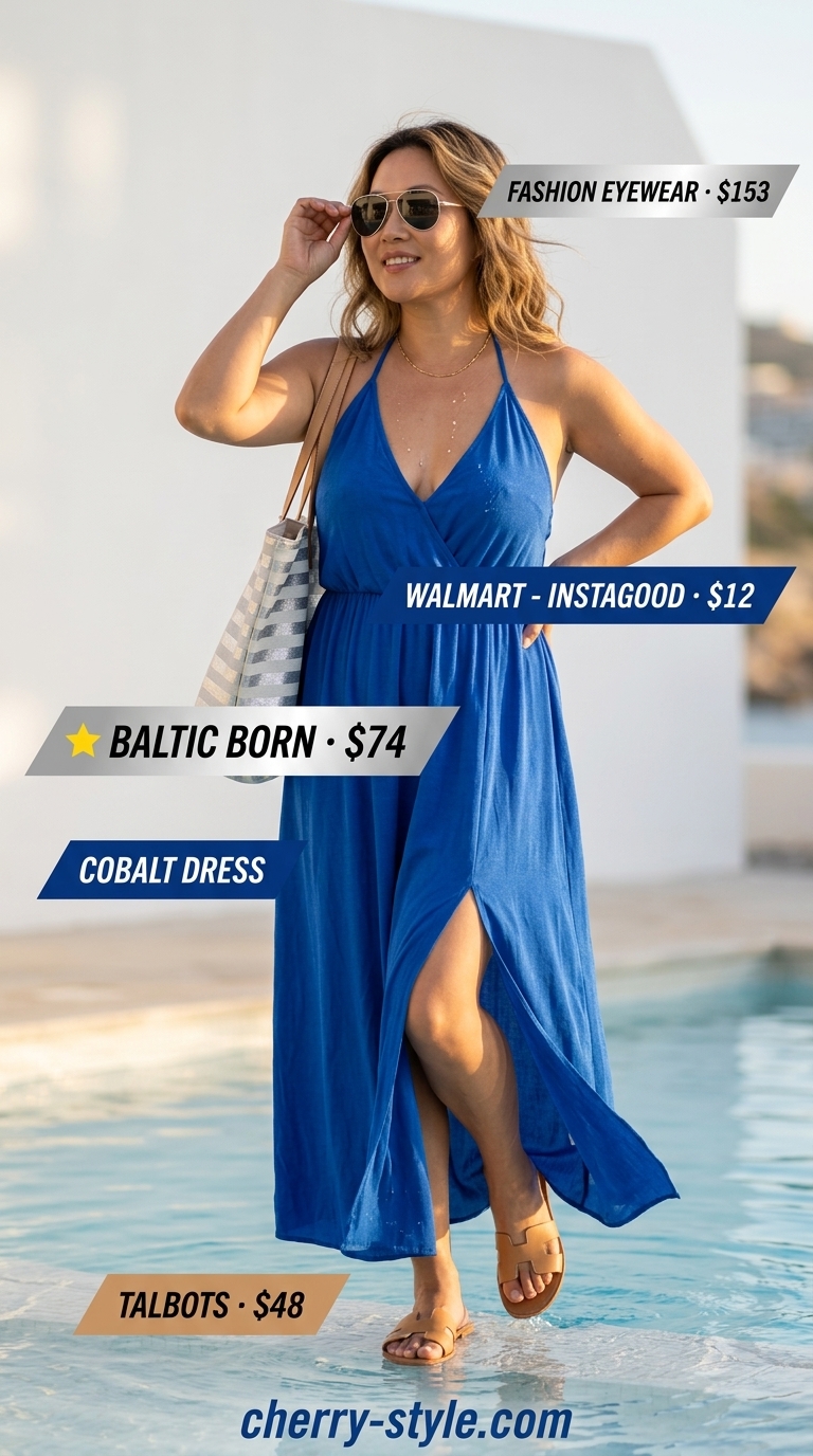 Confident midsize outfits summer 2026: Cobalt blue maxi dress for resort wear.