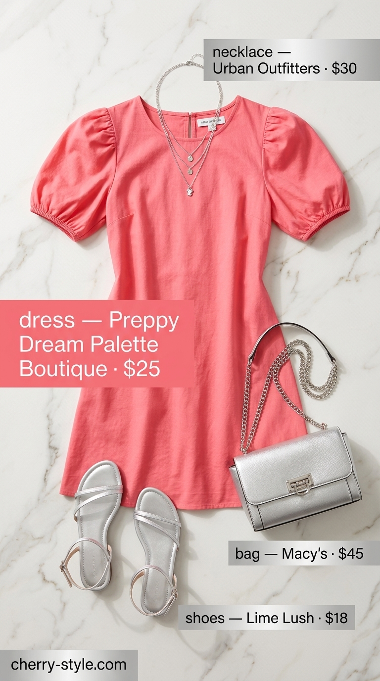 Confident midsize outfits summer for women 2026: Coral pink mini dress, white sandals, silver bag, layered necklaces.