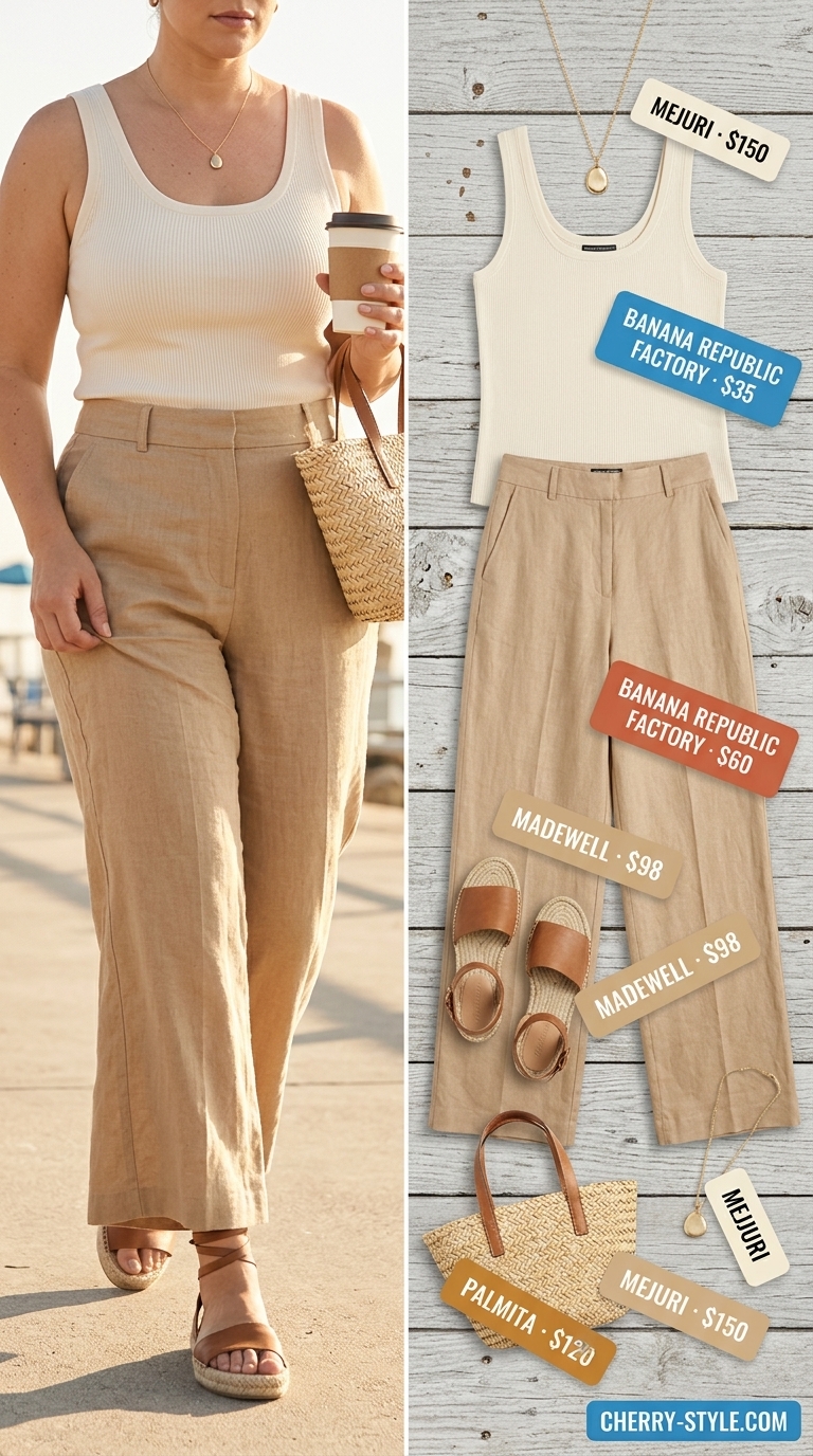 Confident midsize outfits summer 2026: Cream wide-leg linen pants for relaxed daytime wear.