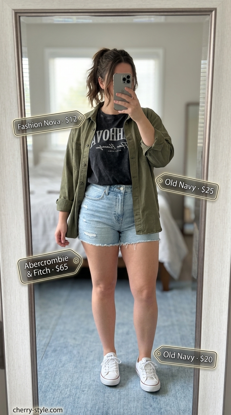 Confident midsize outfits summer for women 2026: Denim shorts, graphic tee, oversized olive shirt, canvas sneakers.
