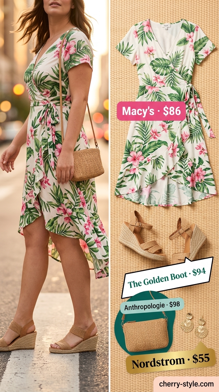 Confident midsize outfits summer 2026: Tropical floral midi wrap dress for city strolls.