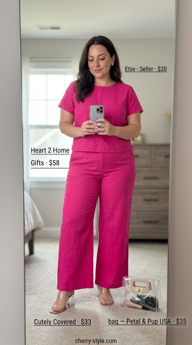 Confident midsize outfits summer 2026: Fuchsia matching set for vibrant summer events.