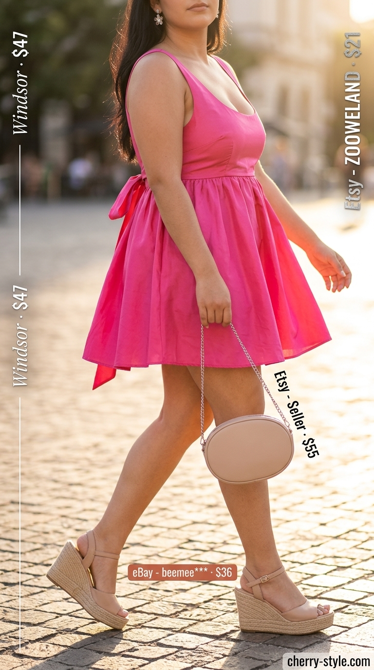 Confident midsize outfits summer 2026: Hot pink mini dress for day parties or festivals.