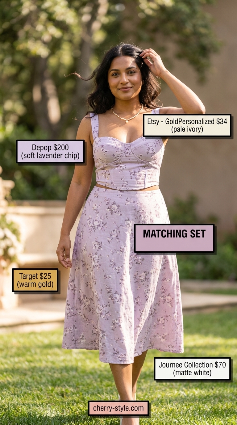 Confident midsize outfits summer for women 2026: Lavender floral set, white sandals, straw bag, pearl necklace.