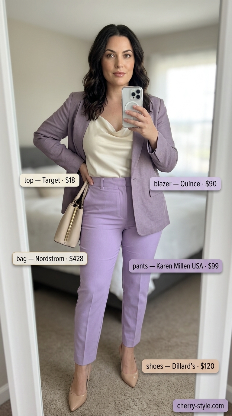 Confident midsize outfits summer for women 2026: Lavender trousers, cream blazer, satin camisole, nude heels.