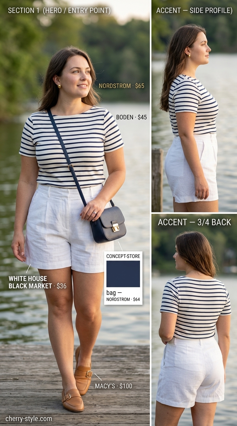 Confident midsize outfits summer 2026: Navy linen shorts and striped tee for a nautical lunch.