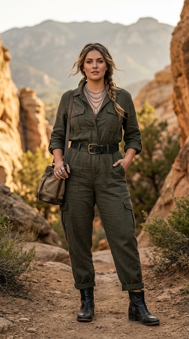 Confident midsize outfits summer for women 2026: Olive utility jumpsuit, black crossbody bag, chunky sneakers, gold necklaces.
