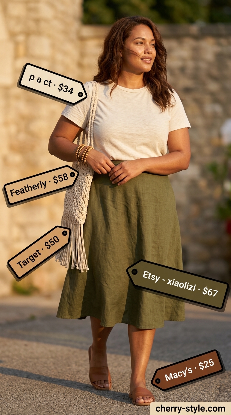 Confident midsize outfits summer for women 2026: Olive midi skirt, cream tee, brown sandals, macrame bag.