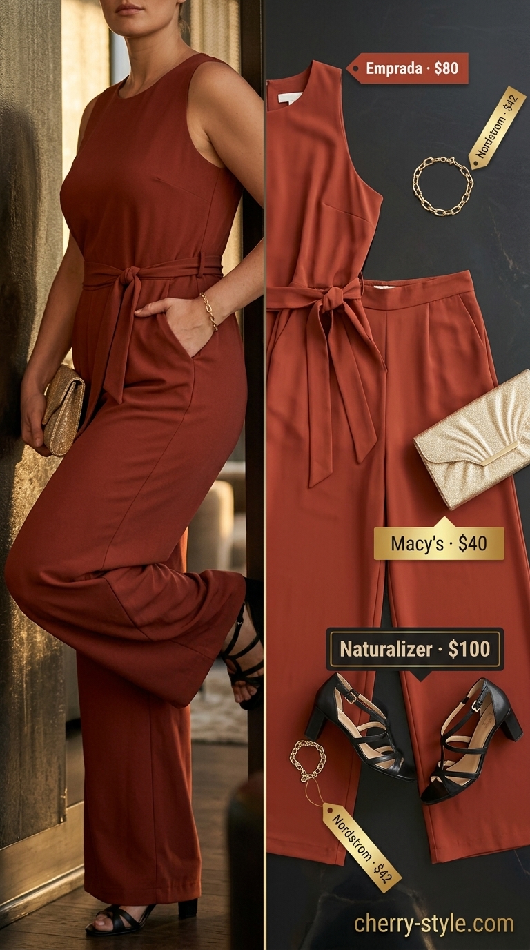 Confident midsize outfits summer 2026: Terracotta wide-leg jumpsuit with gold accessories for evening.