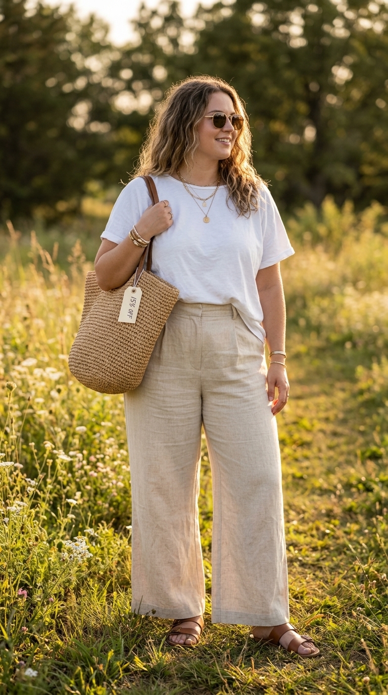 Confident midsize outfits summer 2026: Terracotta linen pants for artistic weekend wear.