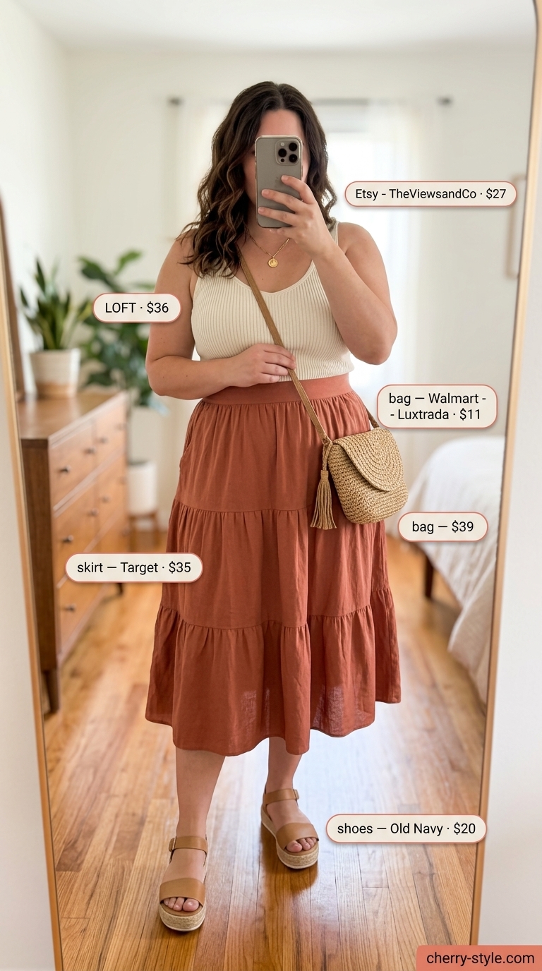 Confident midsize outfits summer for women 2026: Terracotta A-line midi skirt, cream knit top, espadrilles, straw bag.