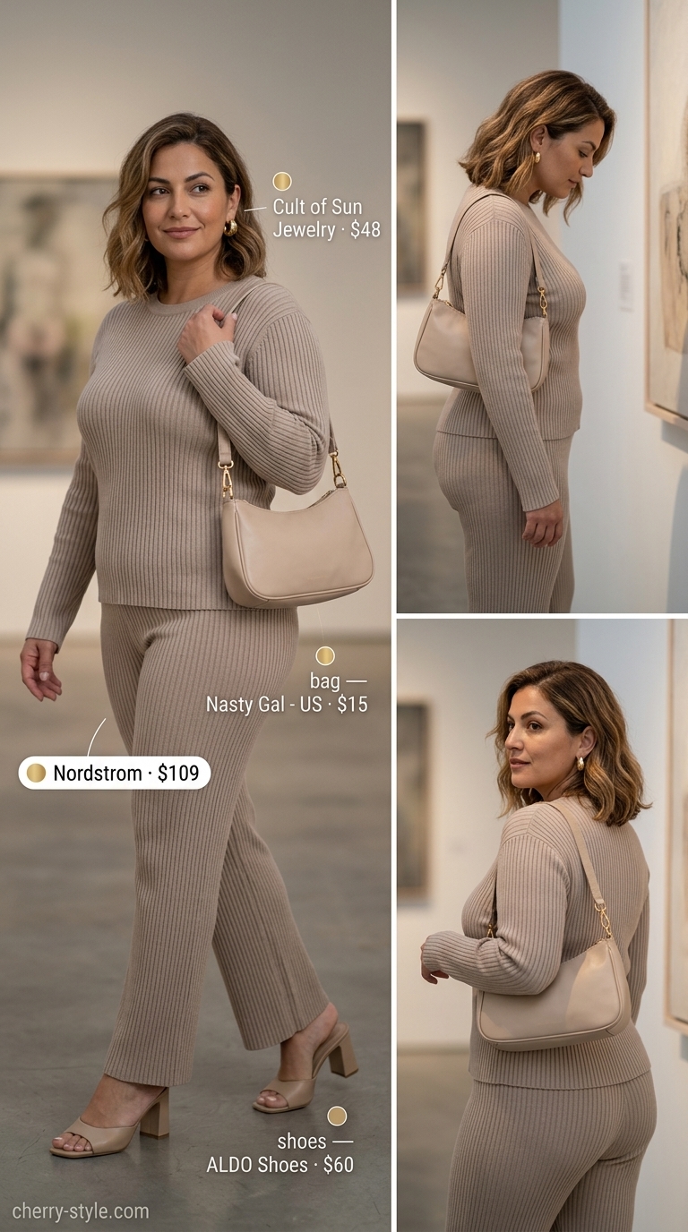 Beige matching set outfit for confident midsize women summer 2026, perfect for gallery visits or business casual.