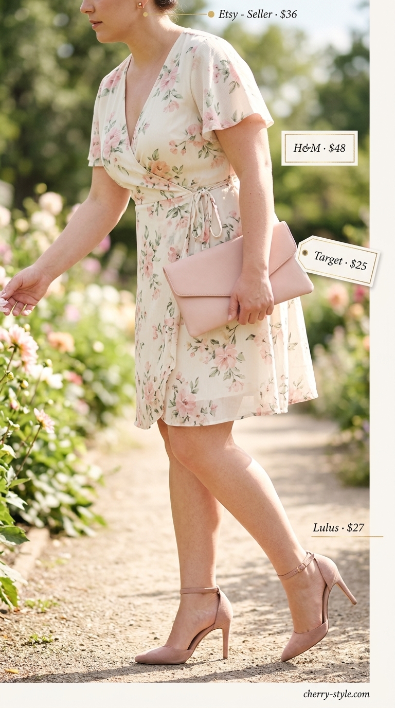 Floral midi wrap dress outfit for confident midsize women summer 2026, perfect for brunch or garden parties.