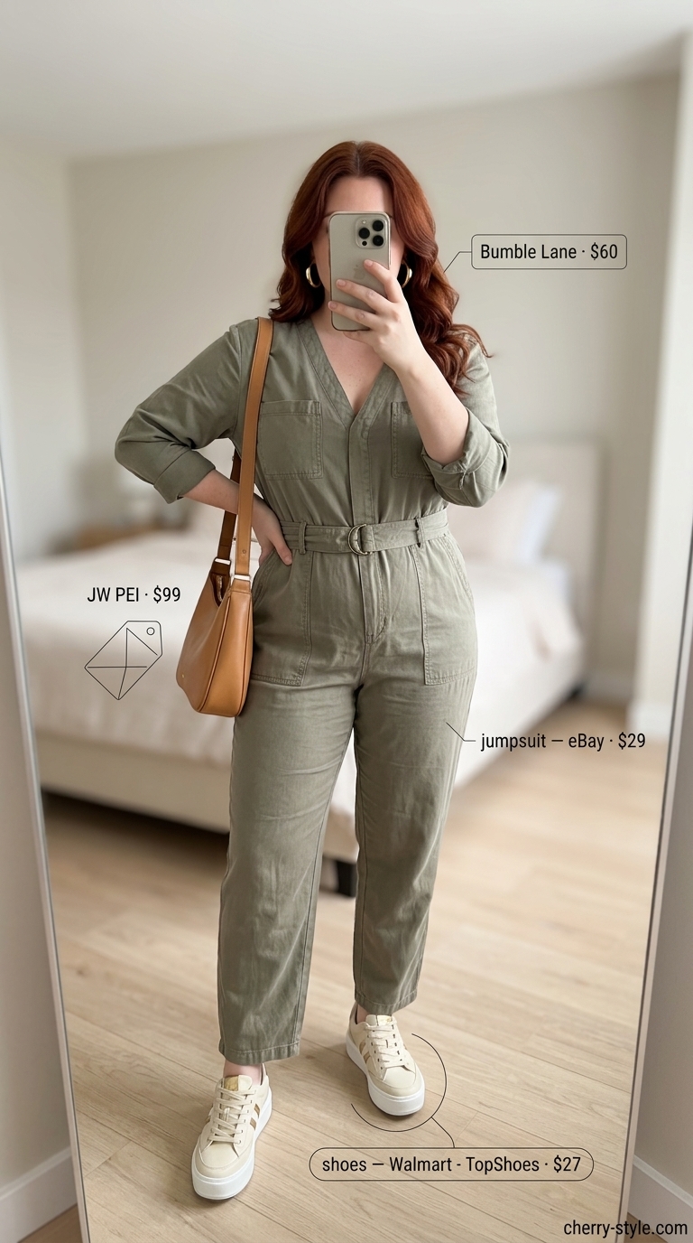 Khaki utility jumpsuit outfit for confident midsize women summer 2026, ideal for city exploration or casual Fridays.