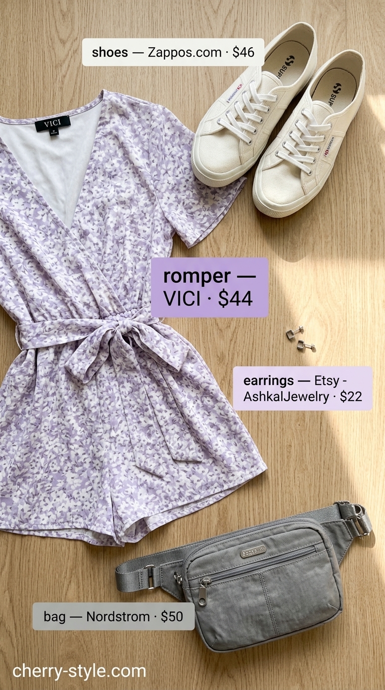 Lavender romper outfit for confident midsize women summer 2026, perfect for park picnics and casual errands.