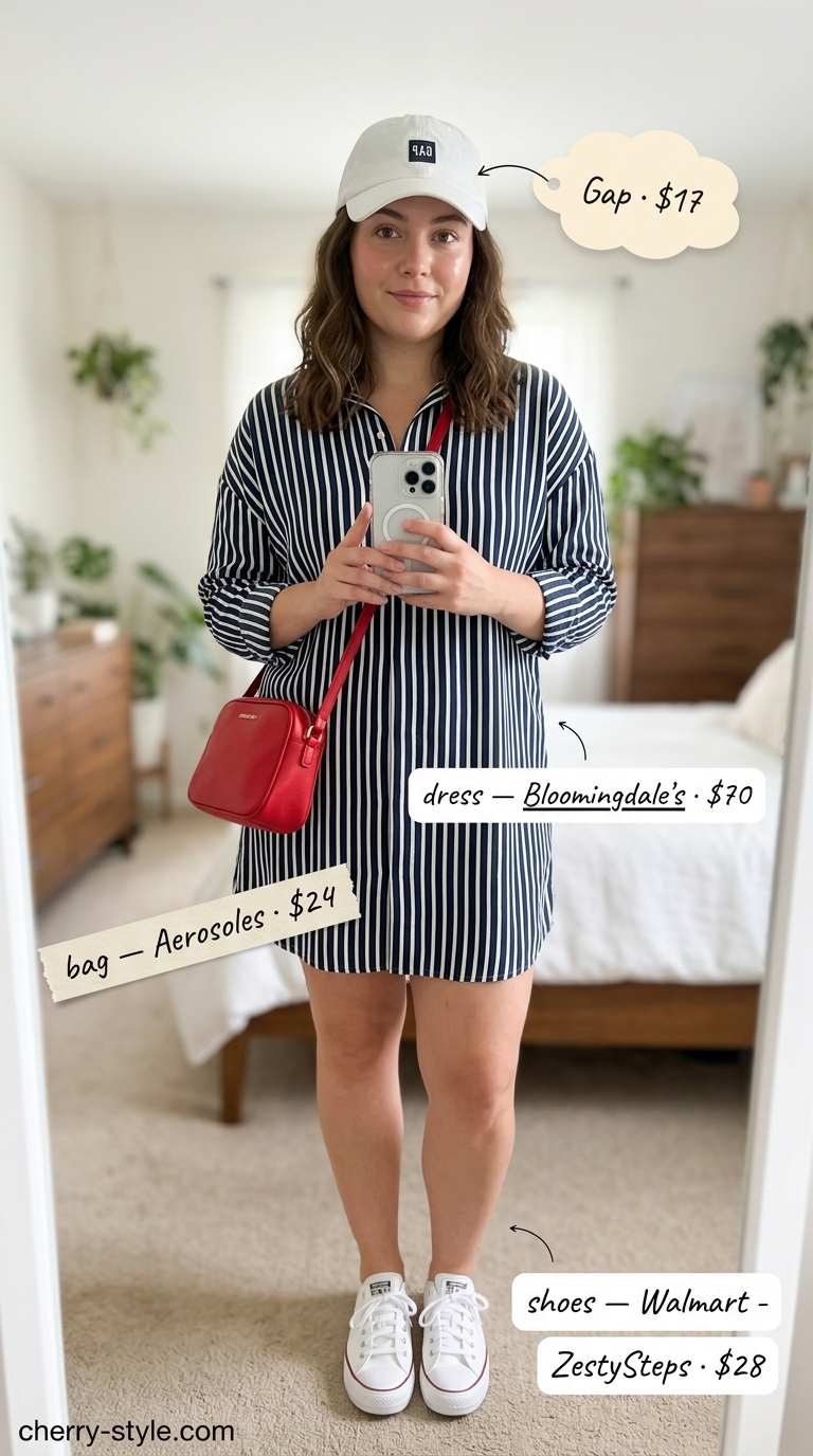 Navy and white striped mini dress outfit for confident midsize women summer 2026, great for weekend brunch or shopping.