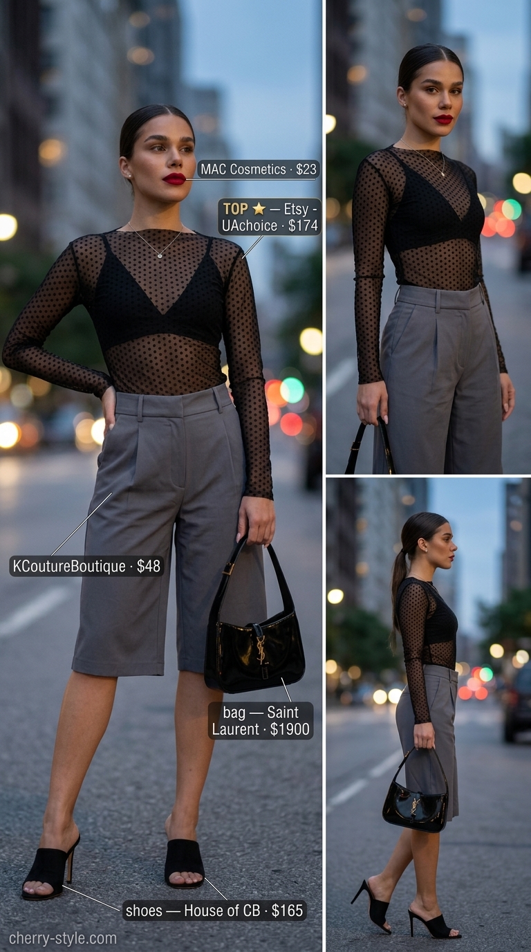 Cool hot weather summer outfits 2026: Charcoal Bermuda shorts with sheer black blouse for a dinner date.