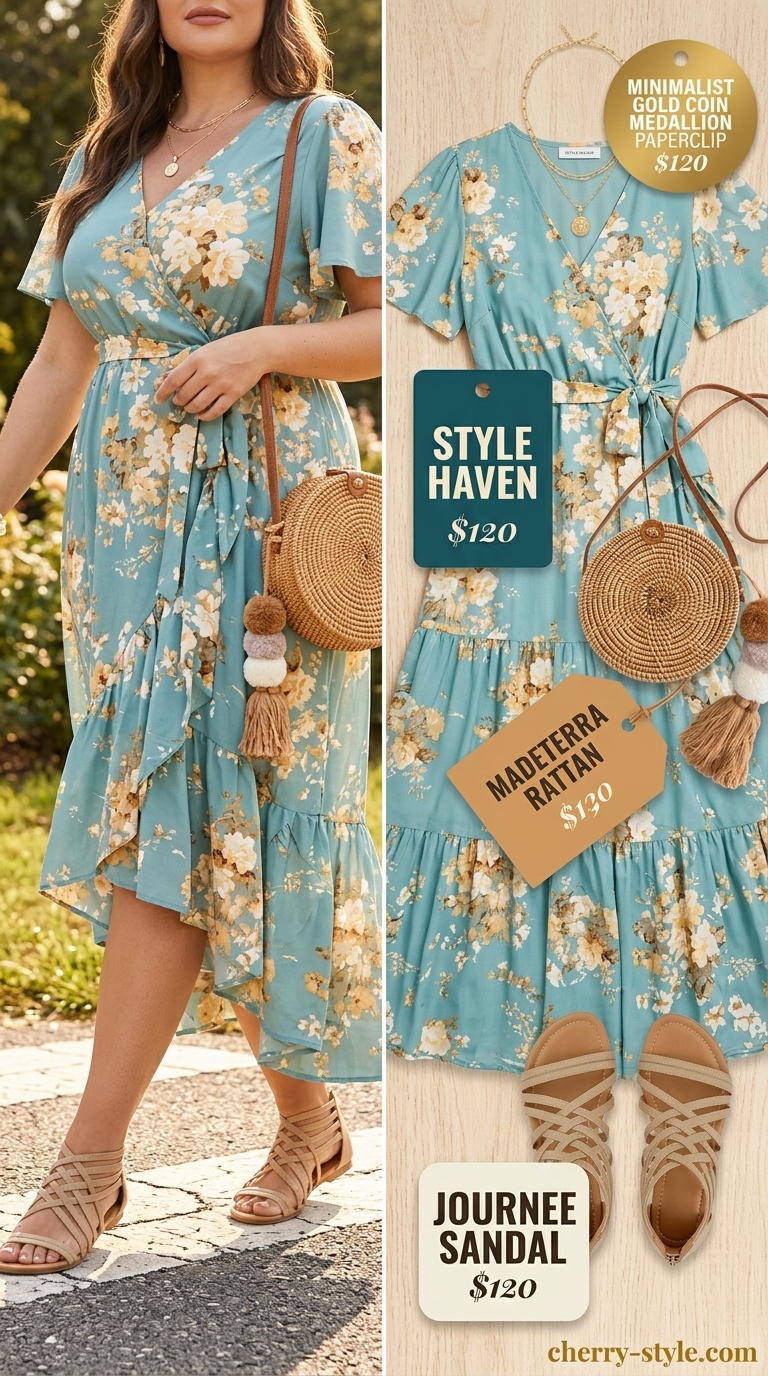 Cool hot weather summer outfits 2026: Teal floral maxi dress with gladiator sandals and wicker bag.