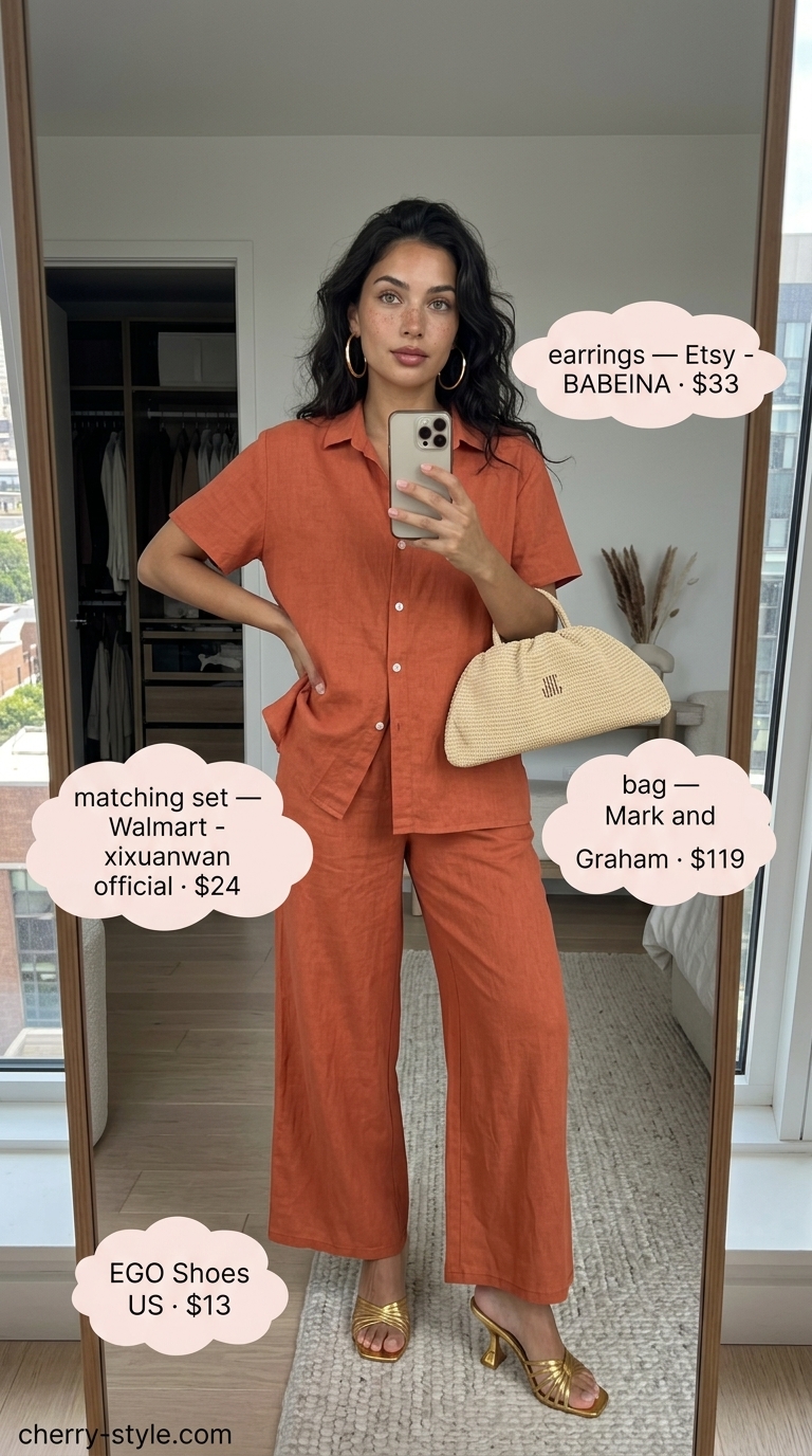 Cool hot weather summer outfits 2026: Burnt orange linen matching set with gold sandals for a vacation dinner.