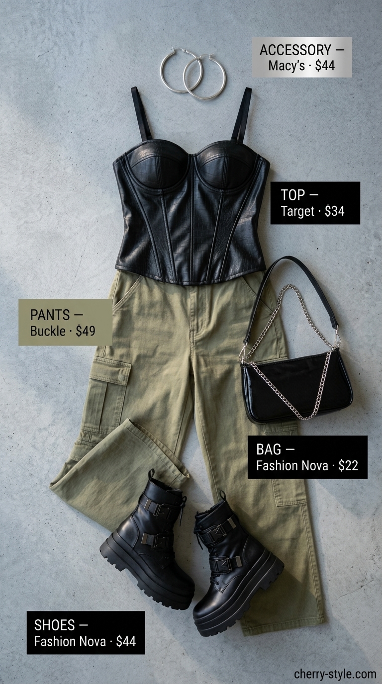 Cool hot weather summer outfits 2026: Khaki cargo pants with black corset top for an edgy night out.