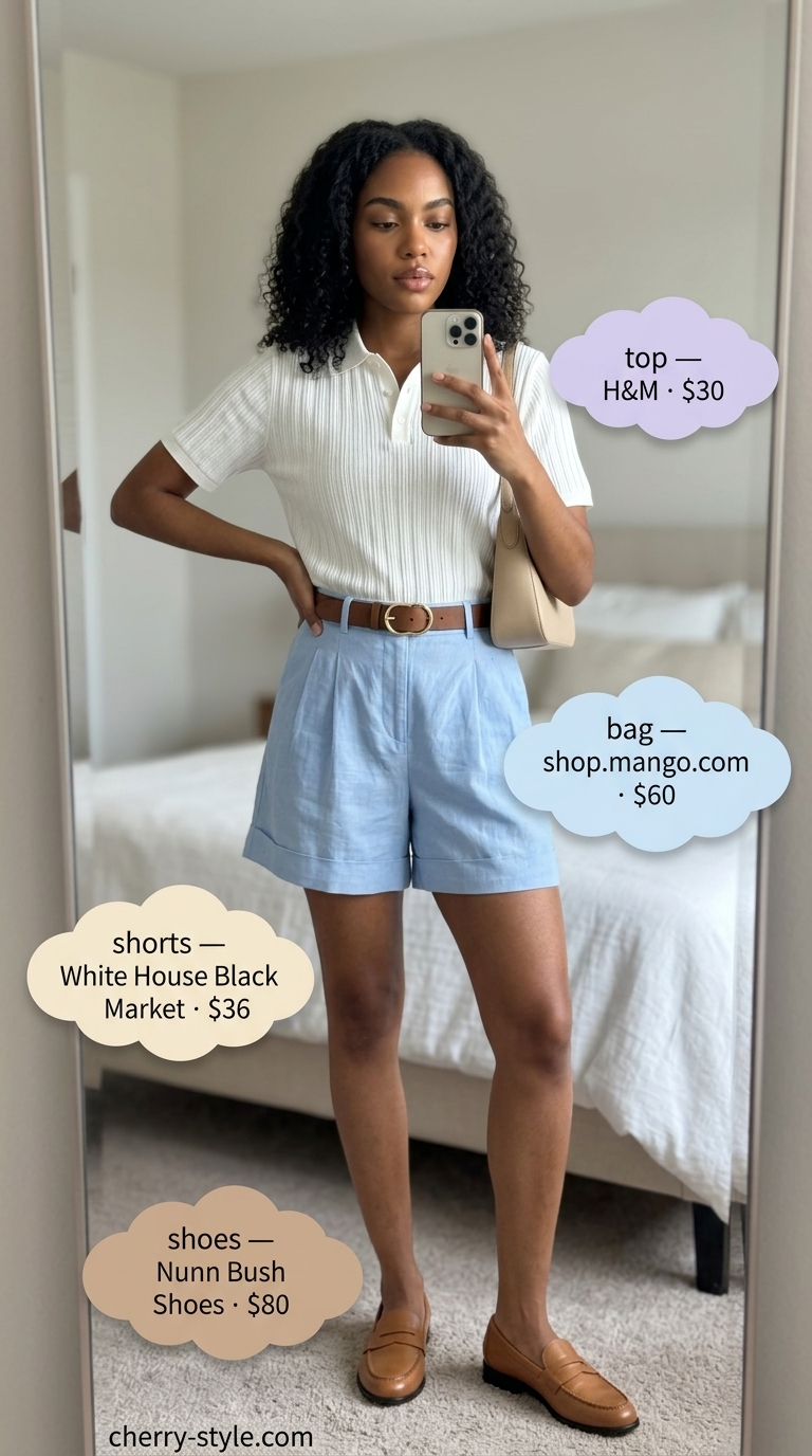 Cool hot weather summer outfits 2026: Sky blue linen shorts, cream knit polo, brown loafers for coastal casual.