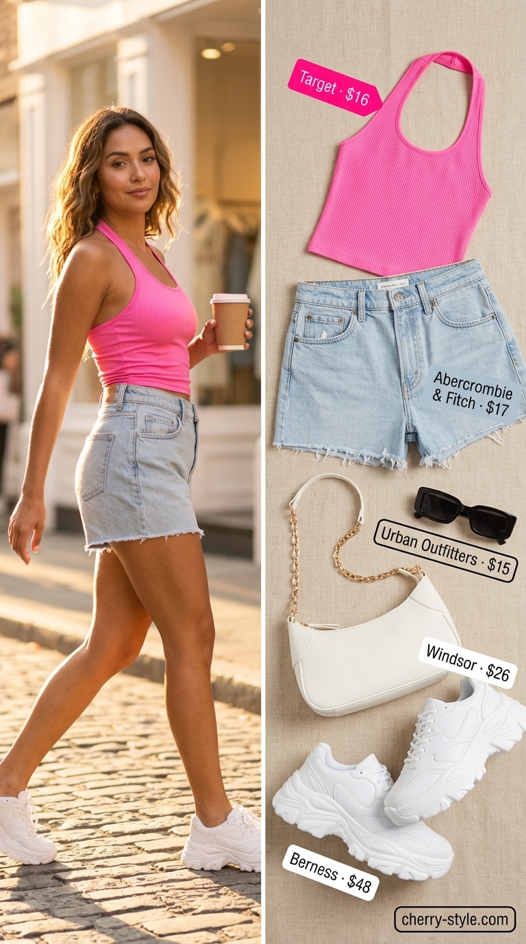 Cool hot weather summer outfits 2026: Distressed denim shorts with neon pink halter crop top.