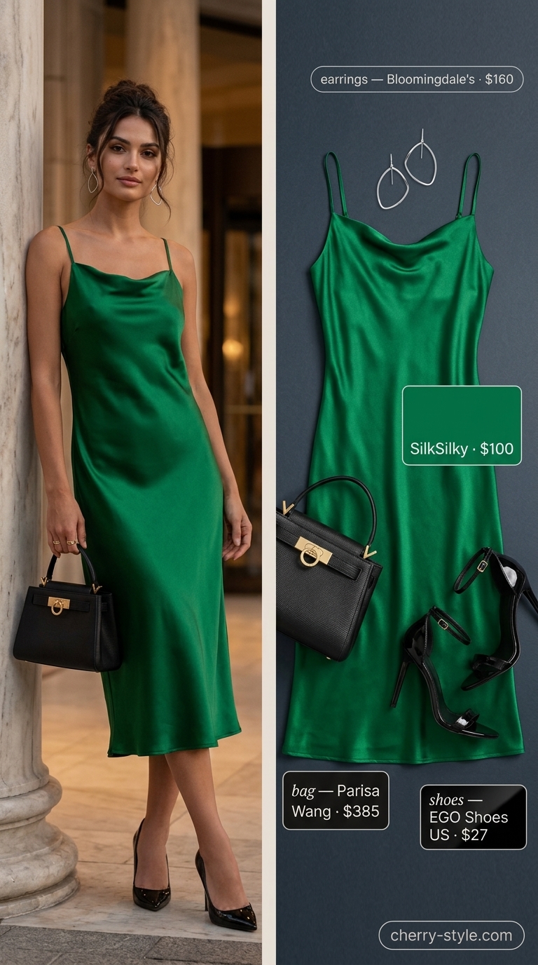Cool hot weather summer outfits 2026: Emerald green midi slip dress with black heels and silver earrings.