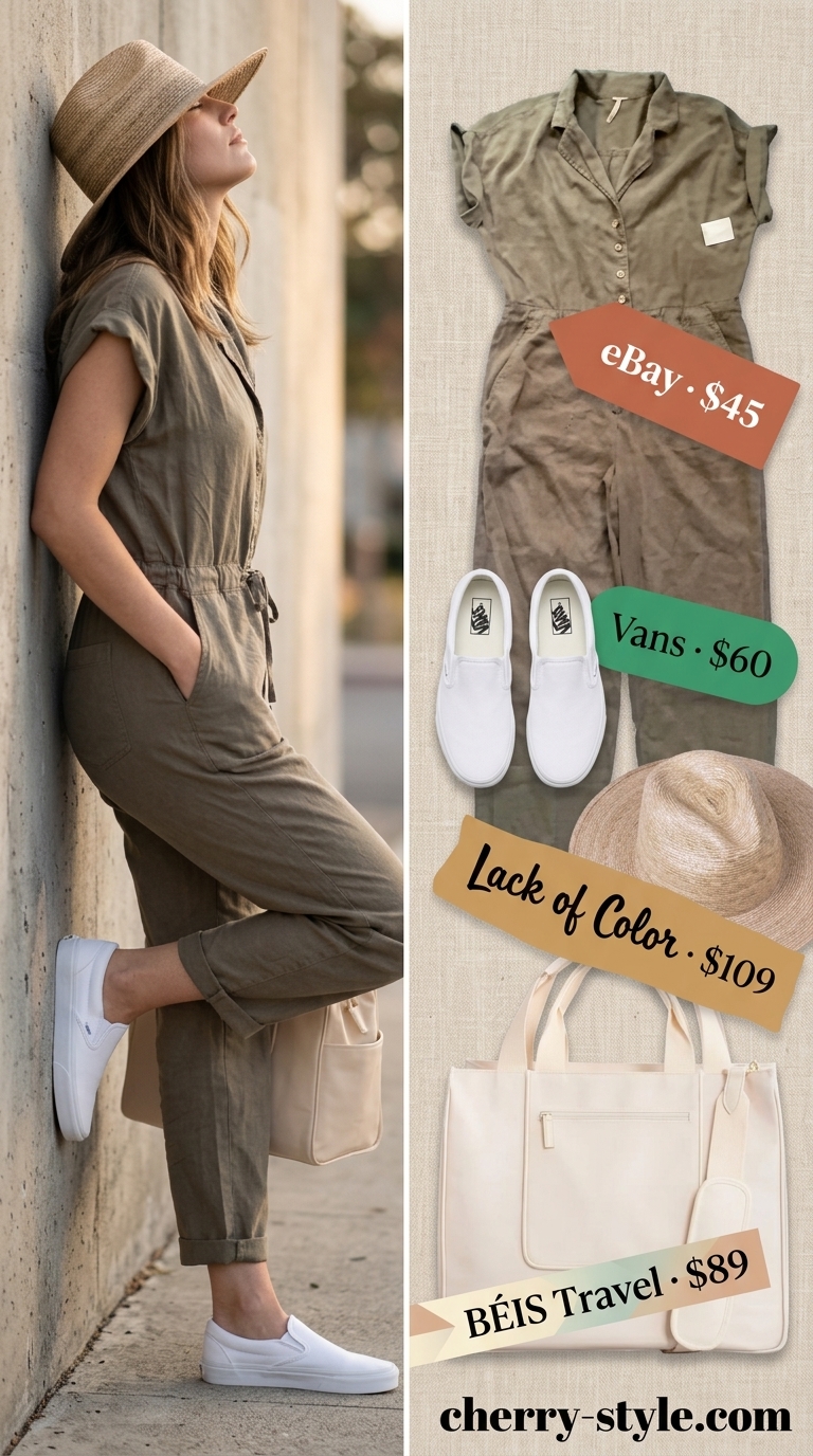 Cool hot weather summer outfits 2026: Olive green utility jumpsuit with white sneakers and straw hat for travel.