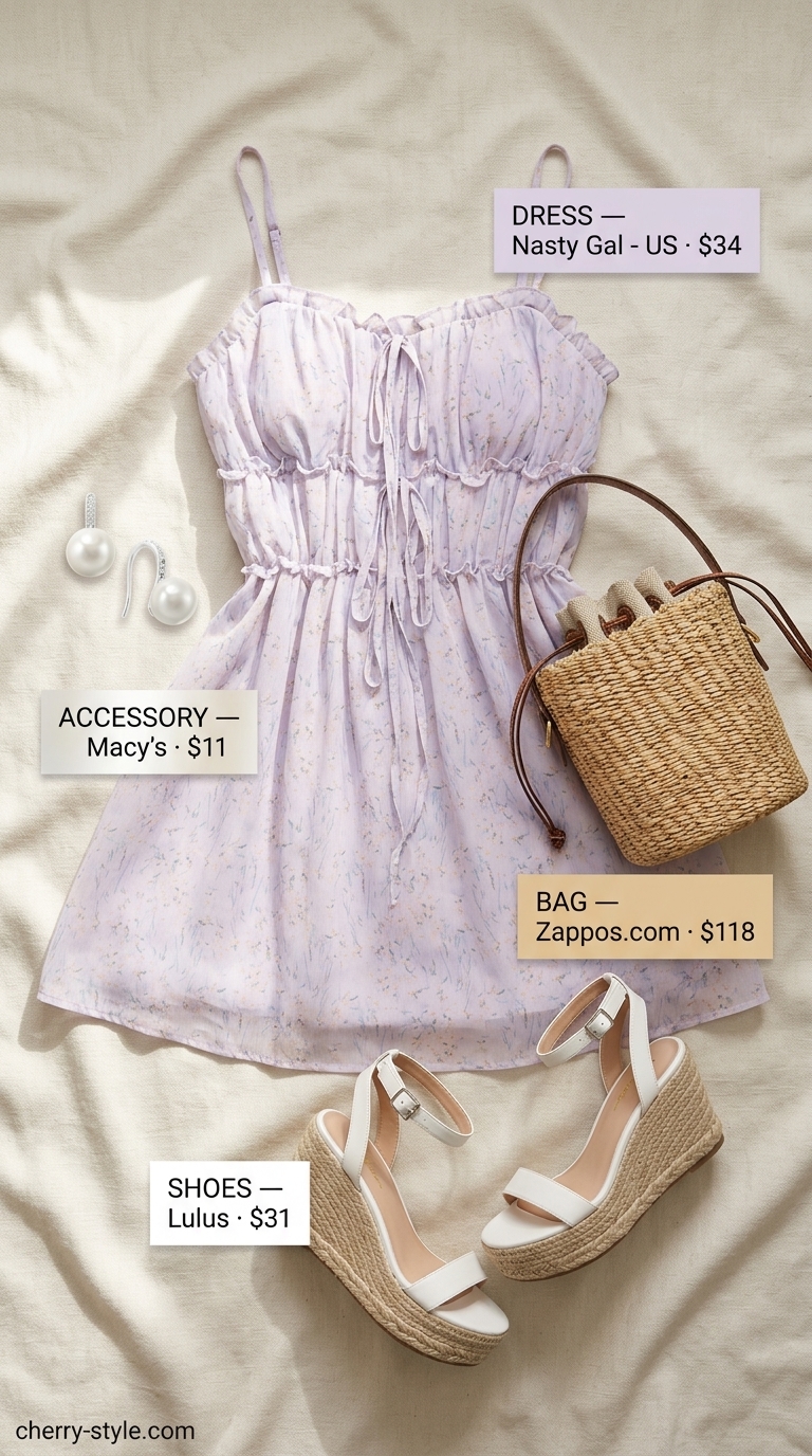 Cool hot weather summer outfits 2026: Lavender sundress, white espadrilles, straw bag for a day date.