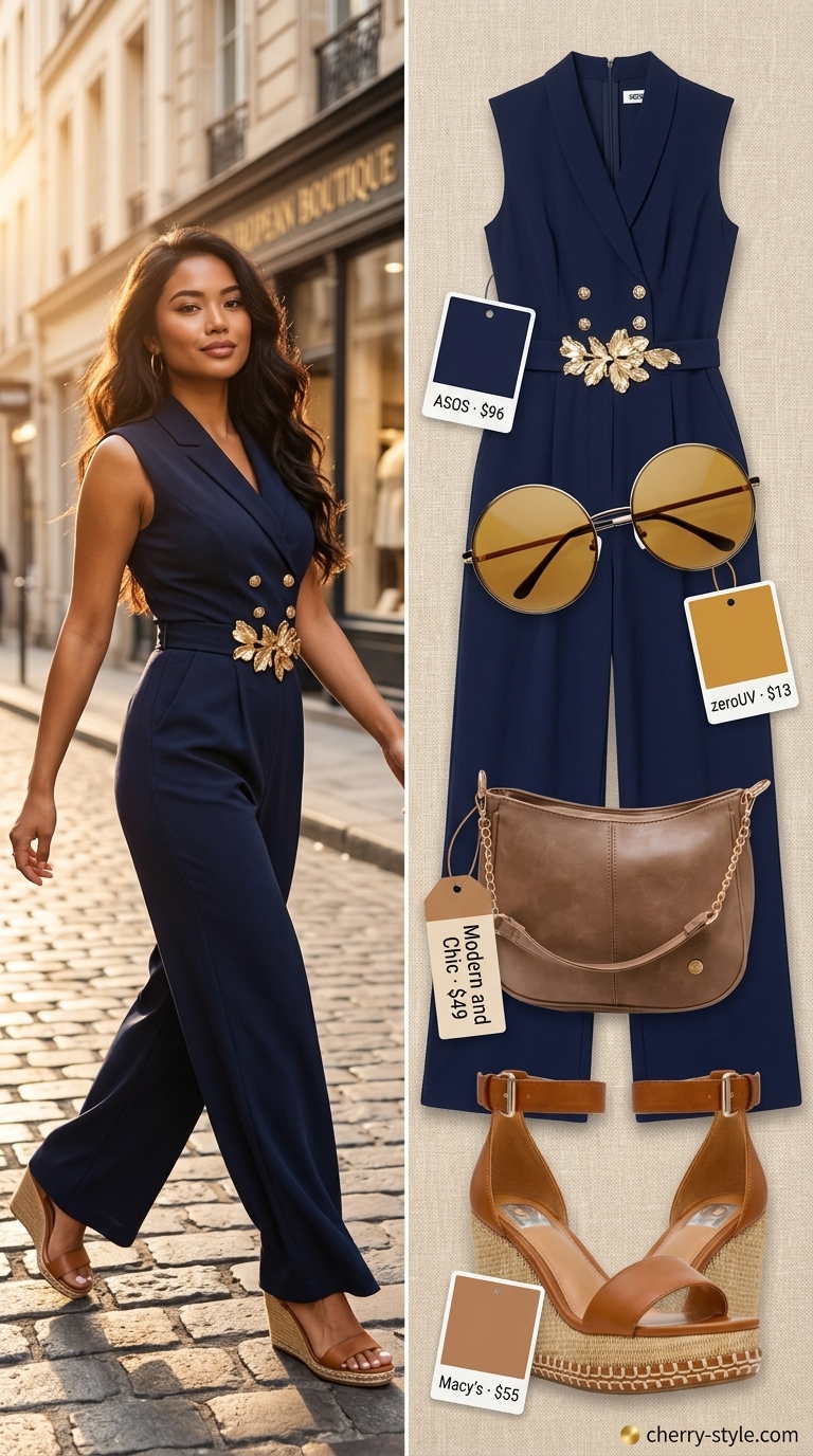 Cool hot weather summer outfits 2026: Navy wide-leg jumpsuit with tan espadrilles and crossbody bag.