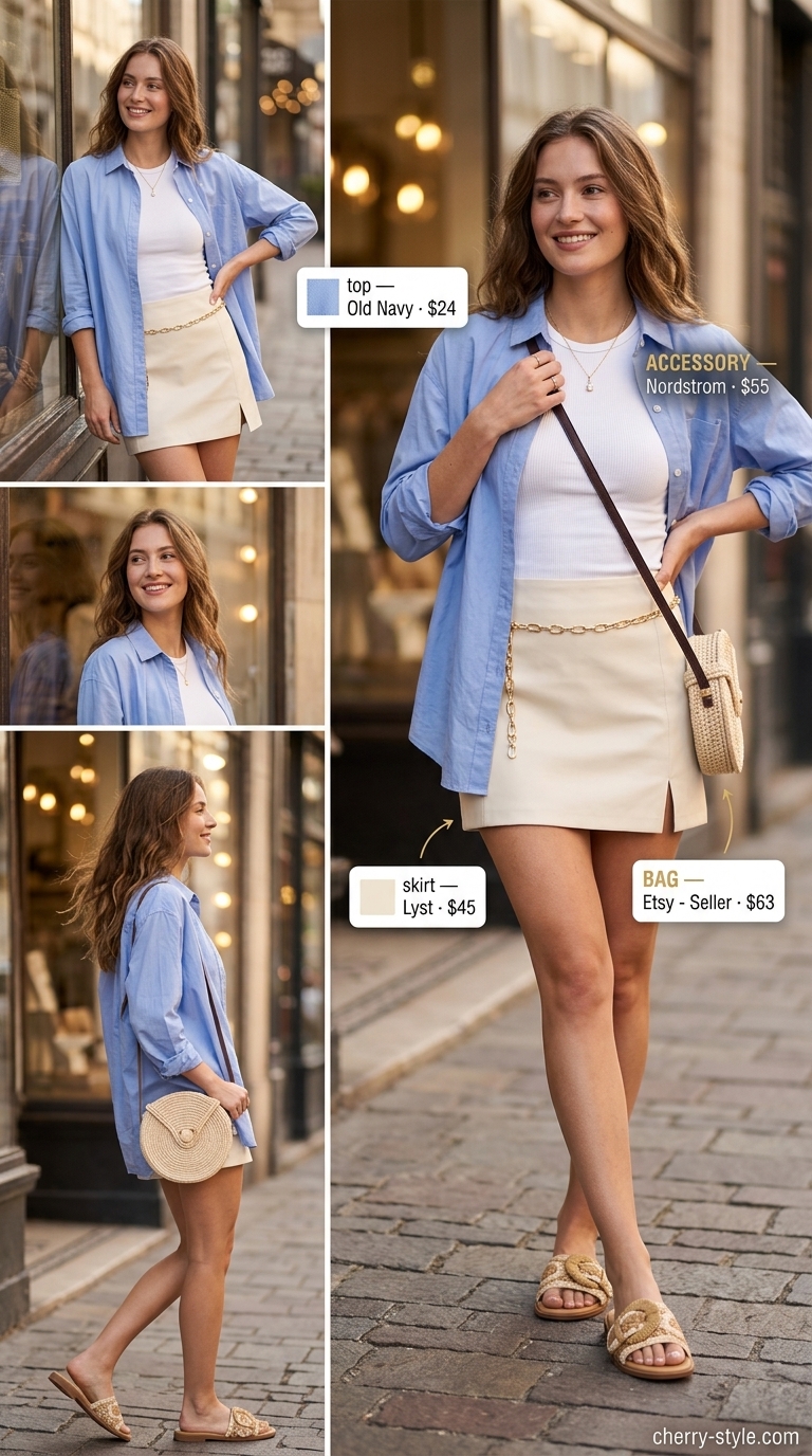 Cool hot weather summer outfits 2026: White mini skirt, sky blue oversized shirt, raffia sandals for casual chic.