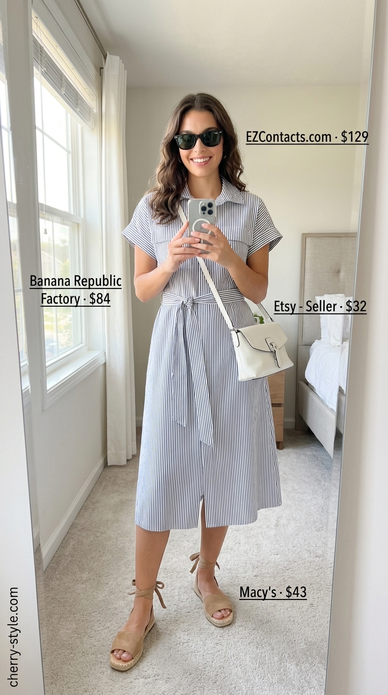 Cool hot weather summer outfits 2026: Blue stripe midi shirt dress with tan espadrilles for a smart daytime look.