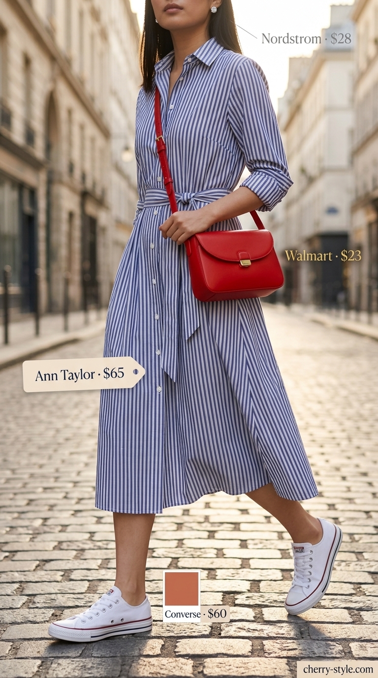 Cool hot weather summer outfits 2026: Blue and white striped midi dress with red crossbody for a charming date.