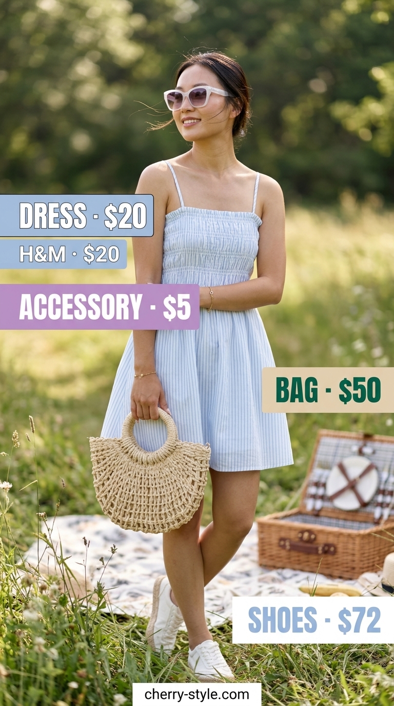 Cool hot weather summer outfits 2026: Light blue striped sundress with straw bag for a playful picnic.