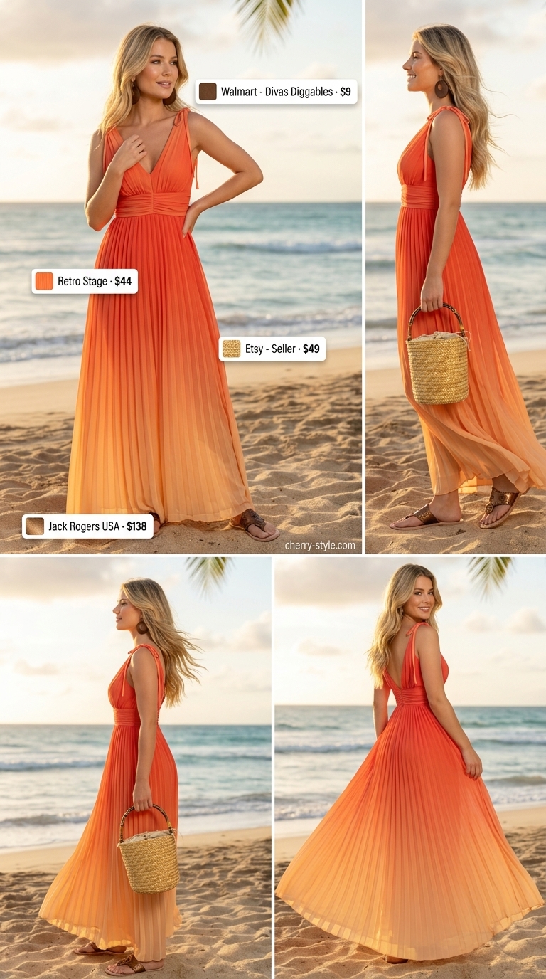 Cool hot weather summer outfits 2026: Flowy sunset ombre maxi dress for a beach party or festival.