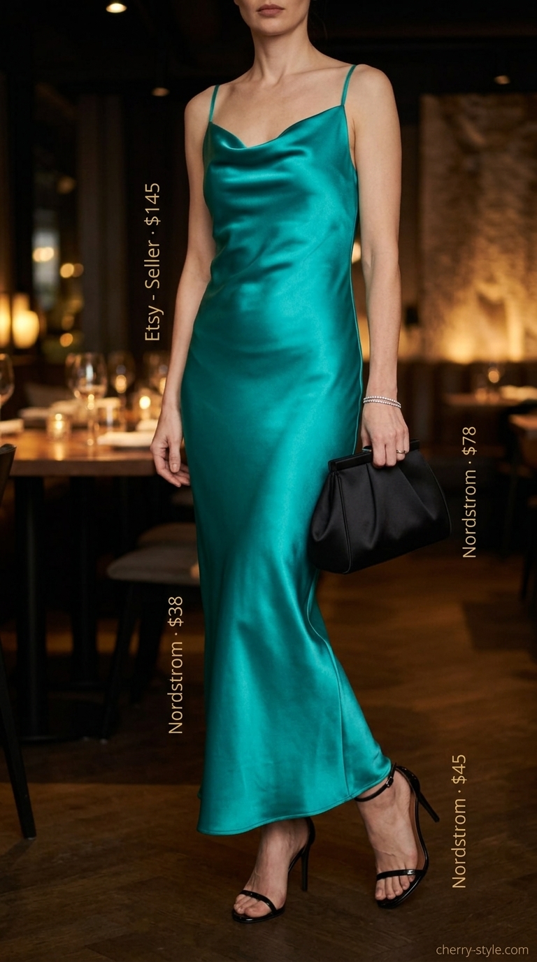 Cool hot weather summer outfits 2026: Deep teal satin slip dress with strappy black heels.