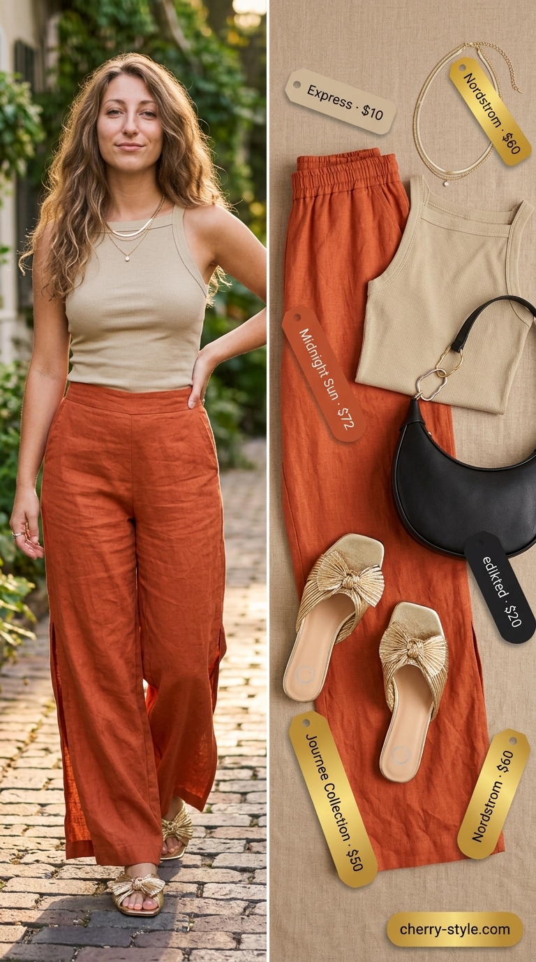 Cool hot weather summer outfits 2026: Terracotta linen pants with fitted cream tank and gold sandals.