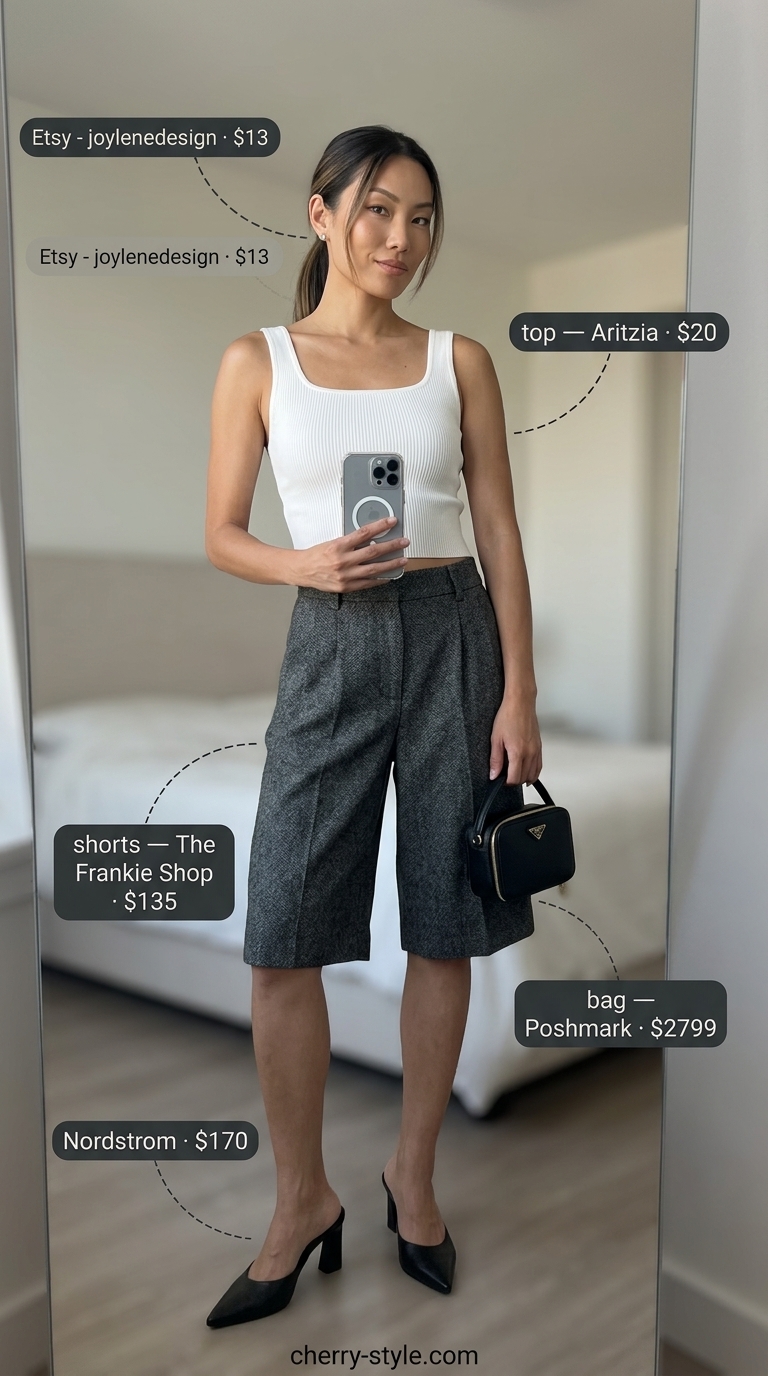 Cool hot weather summer outfits 2026: Charcoal Bermuda shorts, white knit vest, black mules for business casual.