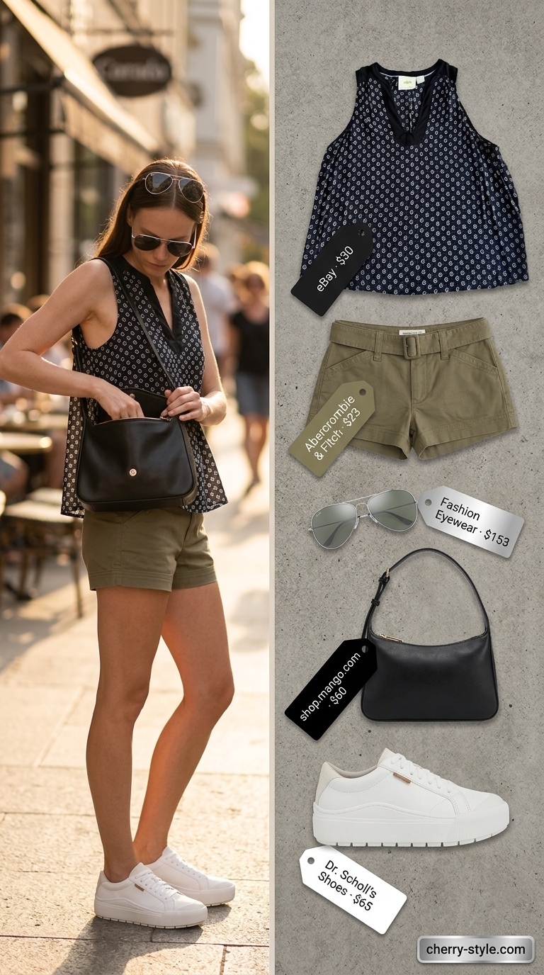 Cool hot weather summer outfits 2026: Khaki utility shorts, abstract print blouse, white sneakers for city exploration.