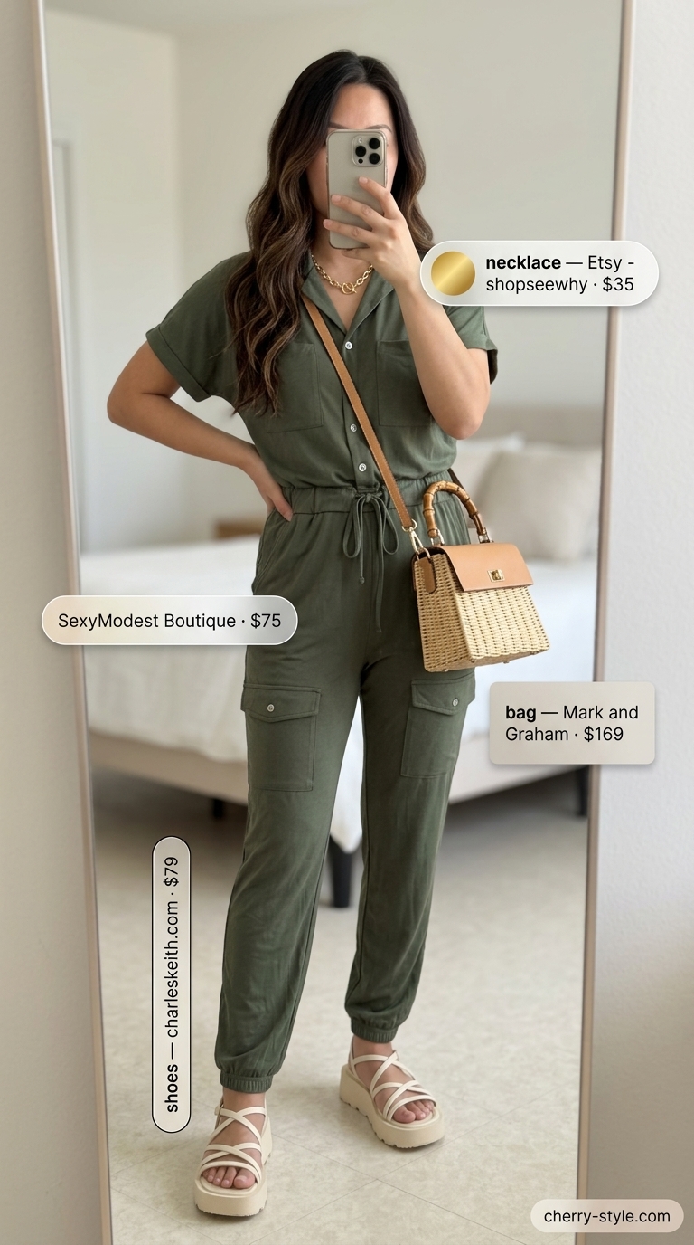 Cool hot weather summer outfits 2026: Khaki green utility jumpsuit with platform sandals for city sightseeing.