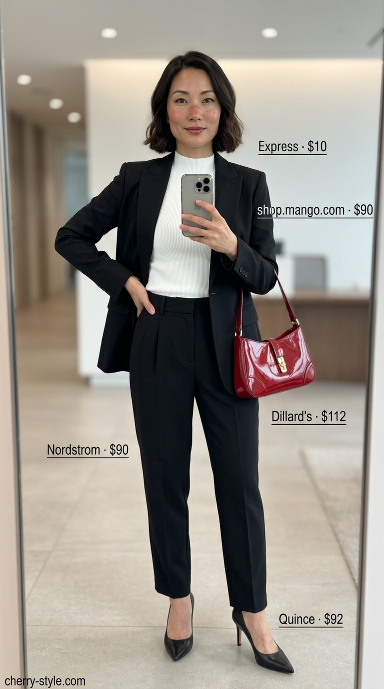 Cool summer office outfits for women 2026: Black cigarette pants, white mock neck, black blazer, red bag.