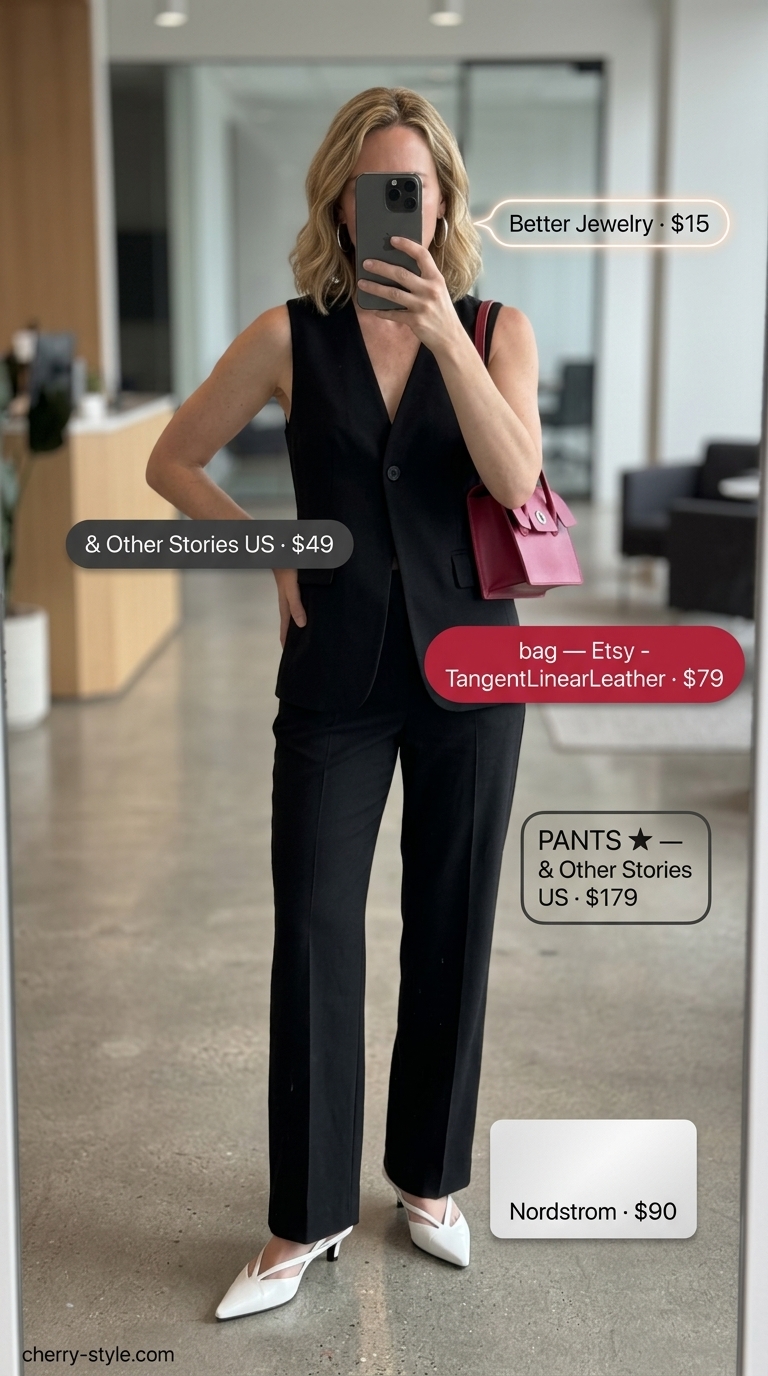 Cool summer office outfits for women 2026: Black cropped trousers, matching vest, white slingbacks, red bag.