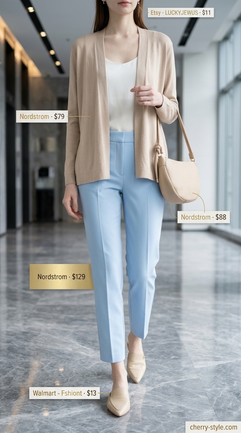 Cool summer office outfits for women 2026: Sky blue cropped pants with a beige silk blouse and cardigan for a smart casual look.