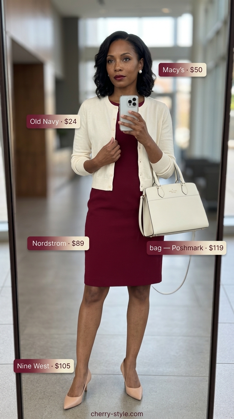 Burgundy sheath dress with cream cardigan for cool summer office outfits for women 2026. Polished and elegant.