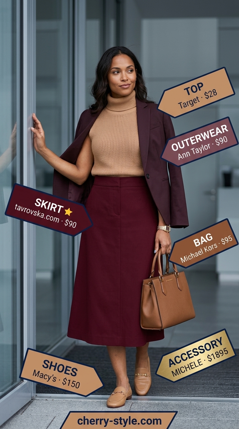 Cool summer office outfits for women 2026: Burgundy A-line skirt with a tan turtleneck and loafers for an academic conference.