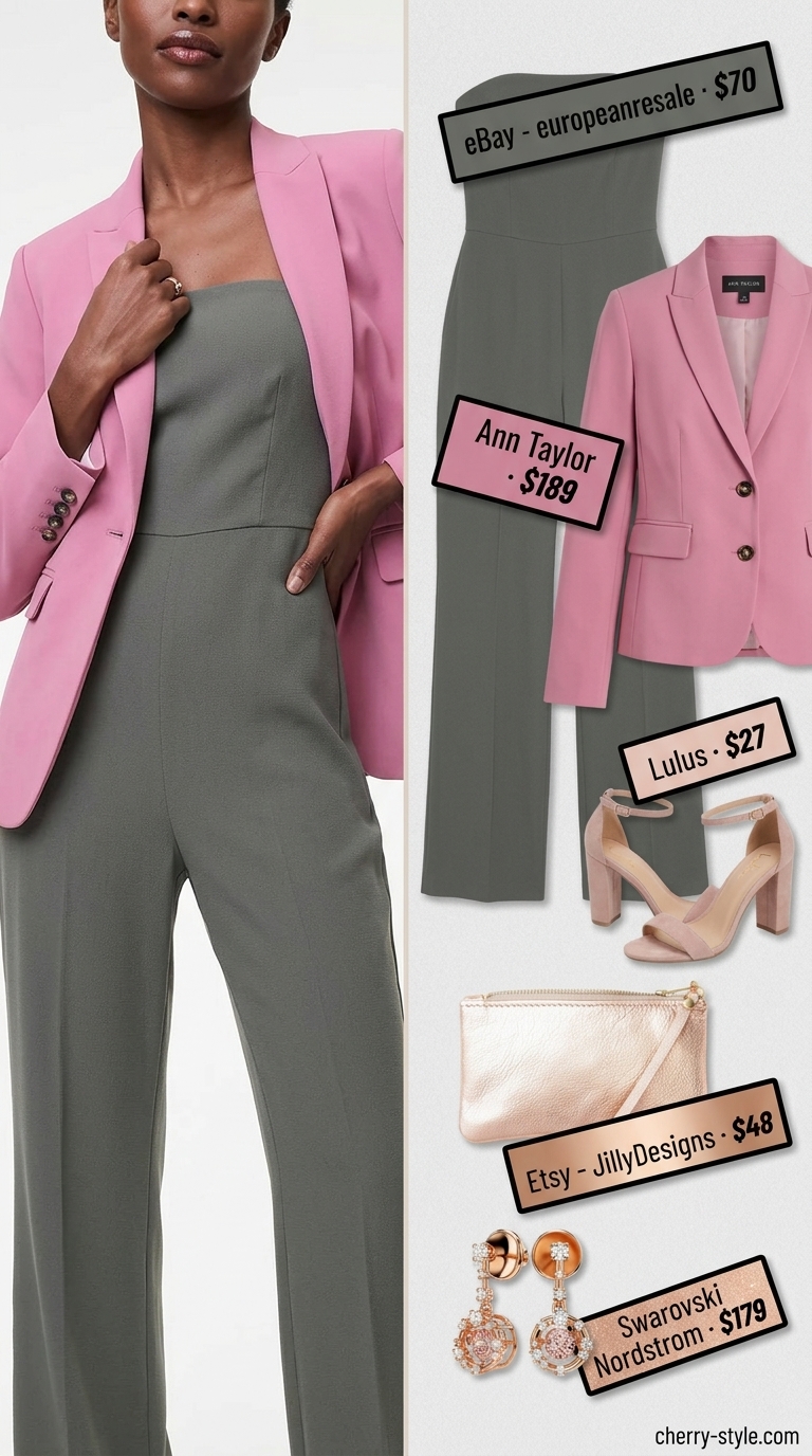 Charcoal gray jumpsuit with blush pink blazer for cool summer office outfits for women 2026. Sophisticated and chic.