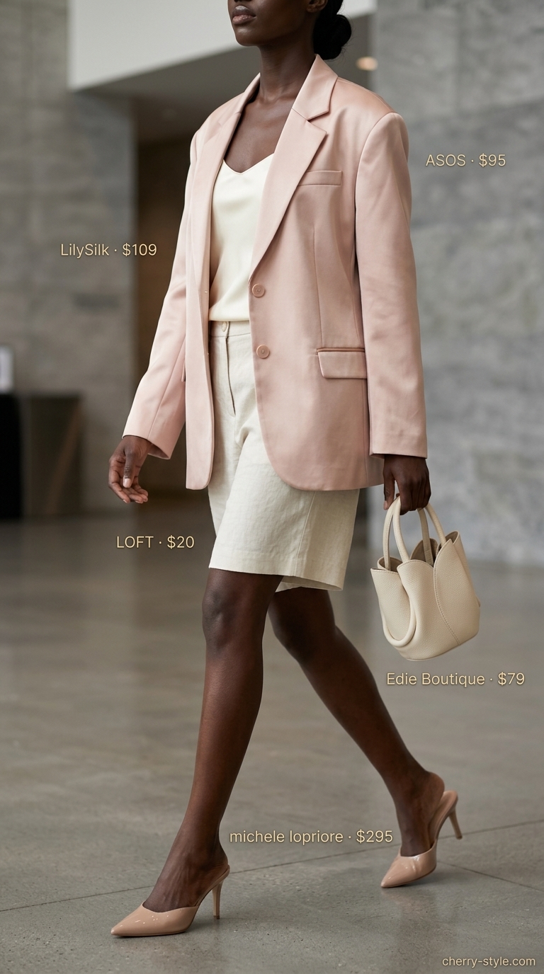 Cream shorts with blush pink blazer for cool summer office outfits for women 2026. Stylish and confident.