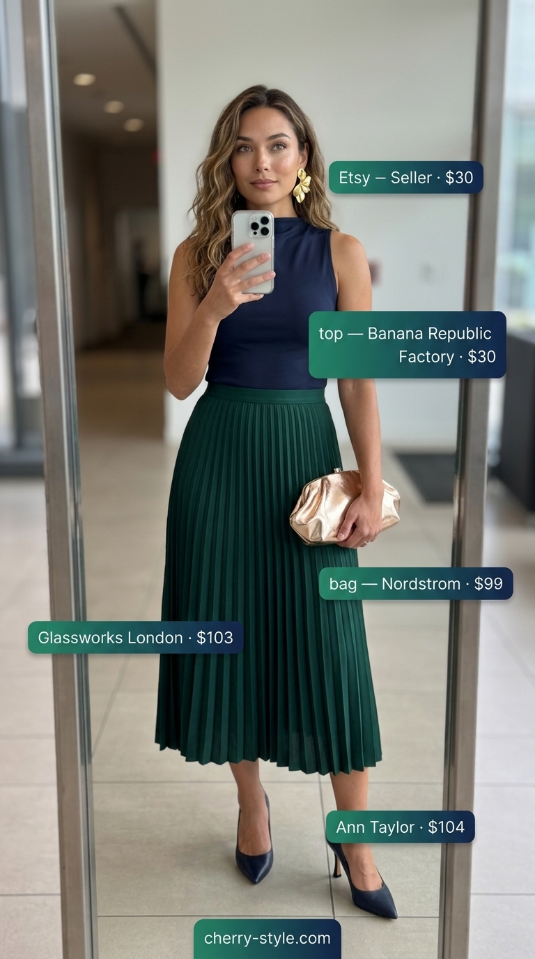 Cool summer office outfits for women 2026: Emerald satin midi skirt, navy knit top, and gold accessories.