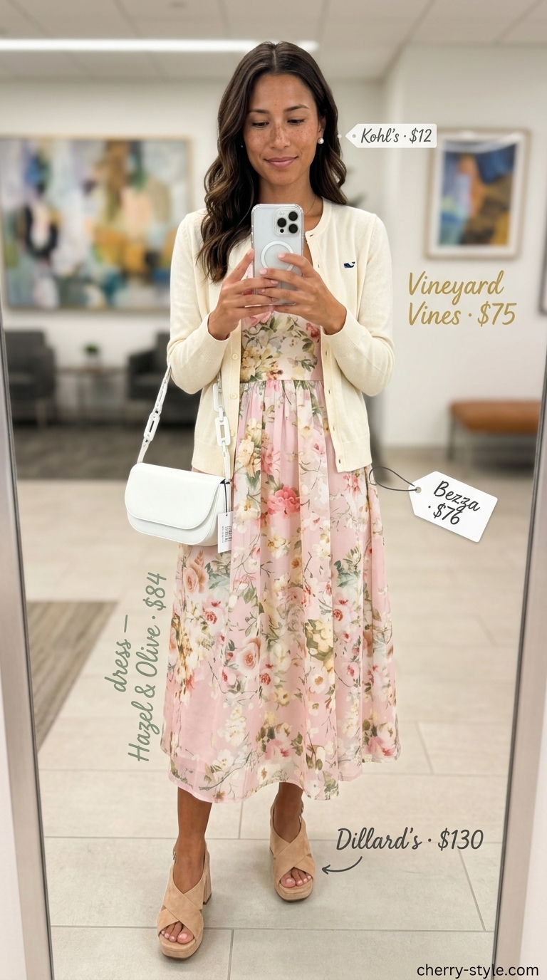Cool summer office outfits for women 2026: Blush floral midi dress, cream cardigan, and nude block heels.
